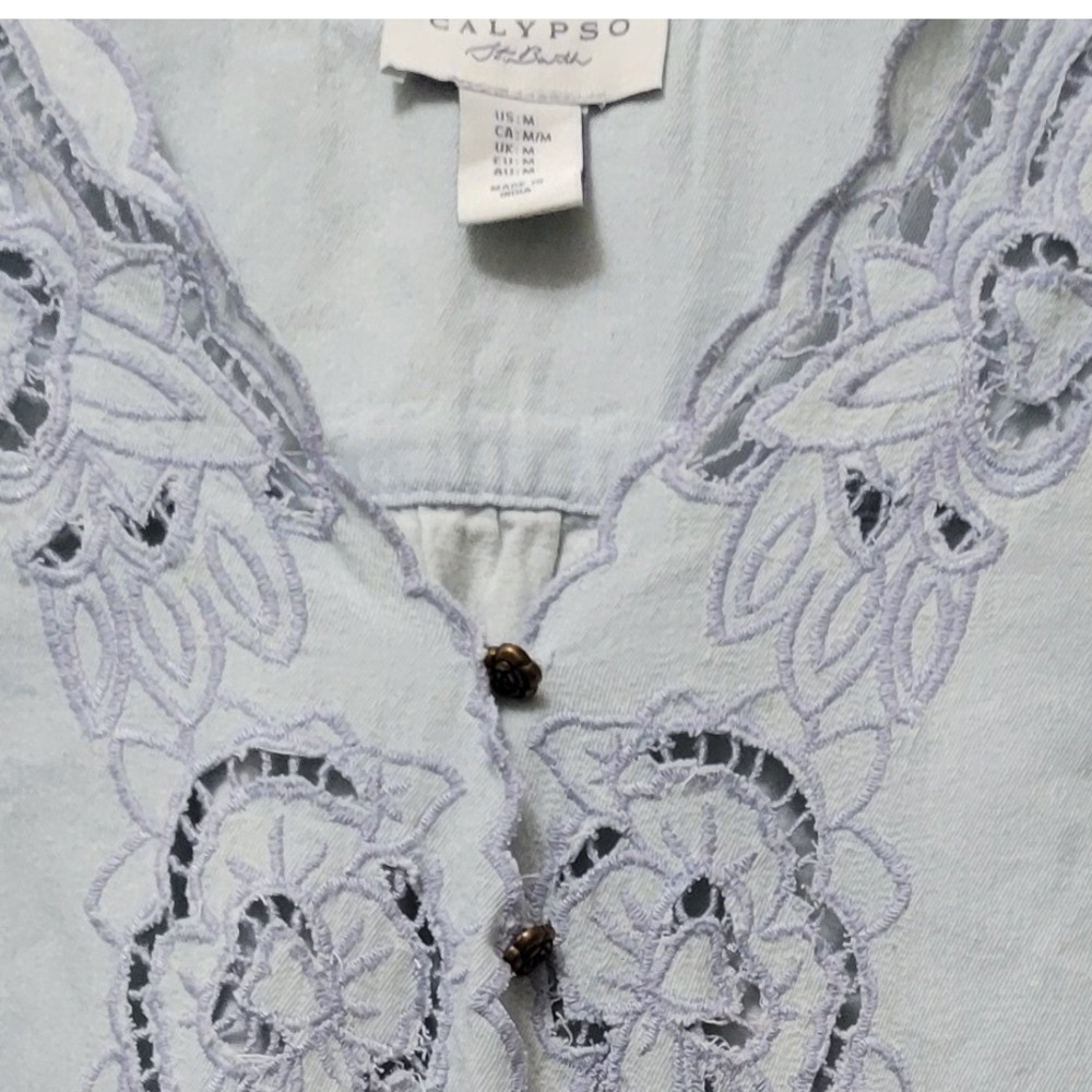 Blue Embroidered Eyelet Cotton Blouse Rose Buttons M Calypso St. Barth Womens - Picture 3 of 10
